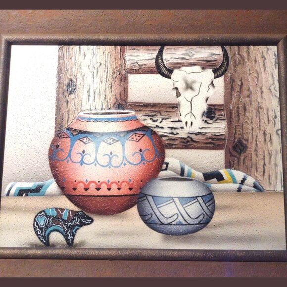 Vintage Southwestern Native Pottery Oil Painting On Canvas Textured Signed Mixed